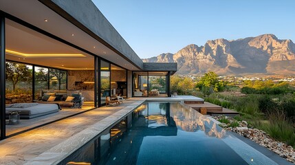 Modern house with infinity pool and mountain view.