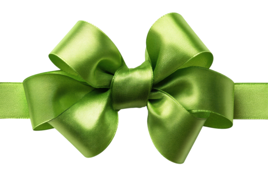 Shiny green satin ribbon bow with elegant loops on black background, cut out