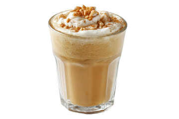 Iced cappuccino with whipped cream and cinnamon topping in glass cup, cut out