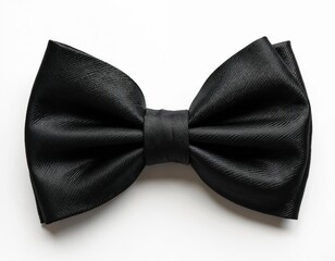 Elegant black bow tie on white background. Classic fashion accessory for formal events like weddings celebrations. Ideal for business, suits, tuxedos. Perfect for men wardrobe. Textured silk material.