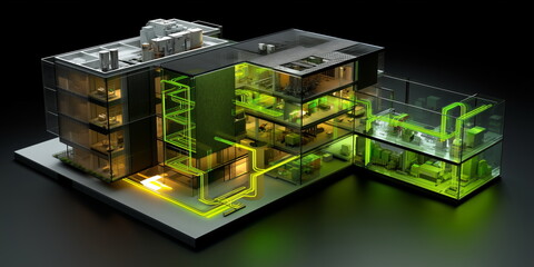 Green technology in building cutout models and diagrams. BIM technology concept.