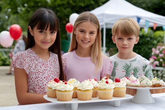 Children presenting cupcakes at a birthday party in a garden - Powered by Adobe