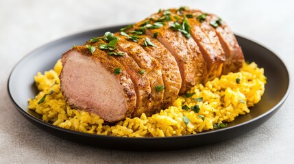 A beautifully plated pork roast accompanied by flavorful yellow rice, garnished with fresh herbs for a delightful culinary presentation.