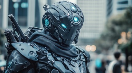 Futuristic ninja warrior in urban setting