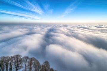 Vast expanse of clouds, a sea of white, stretching to the horizon, with a clear blue sky above  Bare trees at the bottom