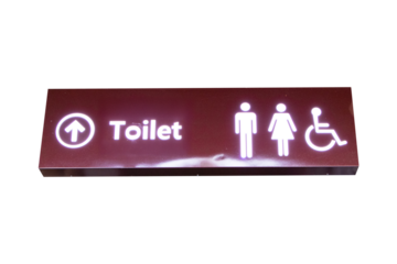 Signs modern public toilet or bathroom sign brown aluminum with glowing white light isolated on cutout PNG or transparent background. Symbol notifying people. Of men, women disabilities person icon.
