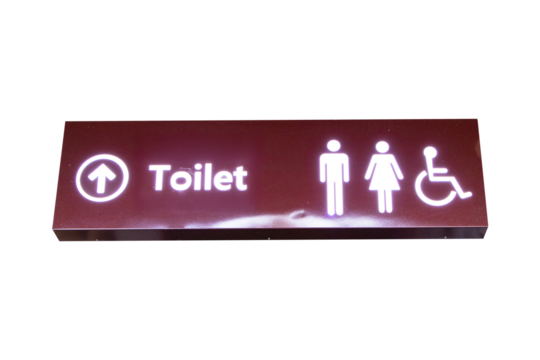 Signs modern public toilet or bathroom sign brown aluminum with glowing white light isolated on cutout PNG or transparent background. Symbol notifying people. Of men, women disabilities person icon.