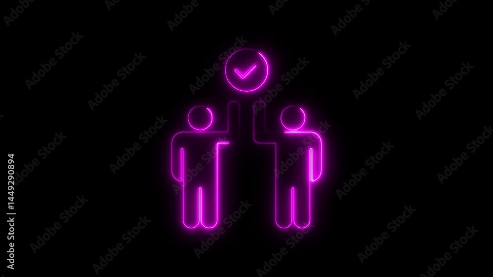 Poster neon depiction of teamwork and collaboration marked with a checkmark approval