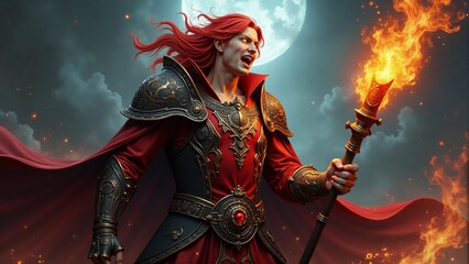 Male Warrior Holding Burning Staff at Night