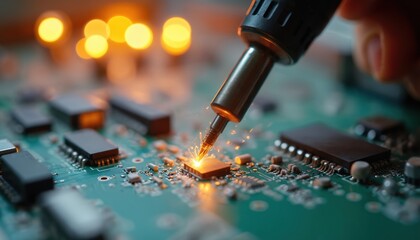 Close-up of soldering or welding process on printed circuit board in factory. Hand with soldering iron creating sparks on microchip. Electronic component assembly, tech manufacturing process.