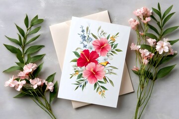 Hibiscus flowers and bird decorating greeting card with envelope