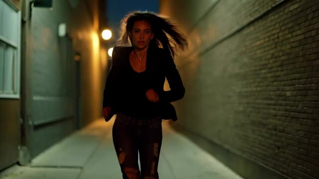 A tired, frightened woman runs through a dimly lit alley at night, conveying a sense of urgency and tension.