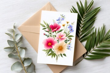 Colorful floral arrangement greeting card with envelope and leaves on white wooden background