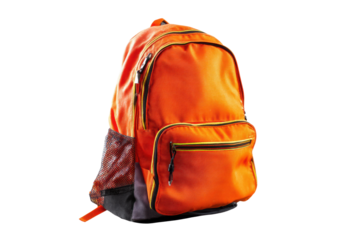 Bright orange backpack with multiple compartments and mesh side pockets, cut out