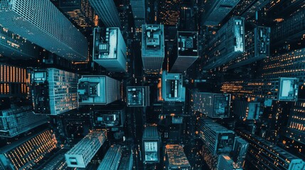 Drone inspecting a skyscraper, merged with hightech augmented reality measurement overlays