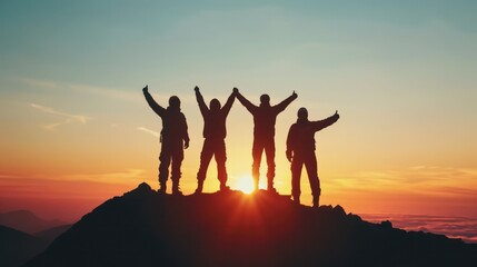 Four people celebrating victory or achievement on mountain summit du sunset with their arms raised in triumph and joy, scenic outdoor adventure and teamwork
