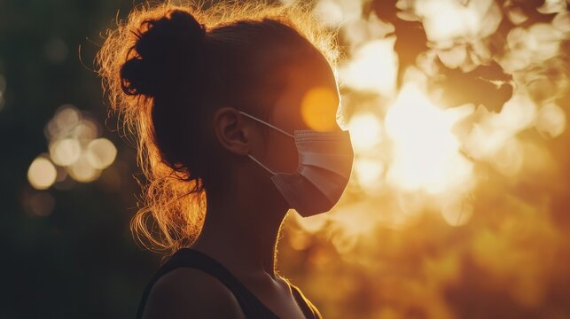 Silhouette of woman wearing face mask against sunset background, conveying hope, resilience, and the new normal. - Powered by Adobe