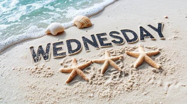 Beach Scene with “Wednesday” Written in Sand and Starfish Decorations