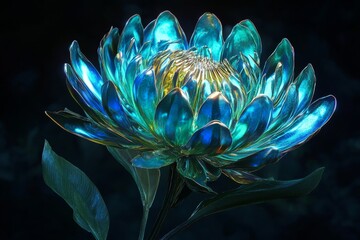 Obraz premium Vibrant, glowing flower with a metallic sheen against a dark backdrop.