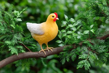 Fototapeta premium Yellow toy chicken standing on a branch in the forest