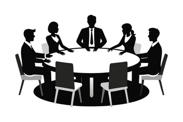 Business Team Meeting Silhouette Vector Around Round Table on White
