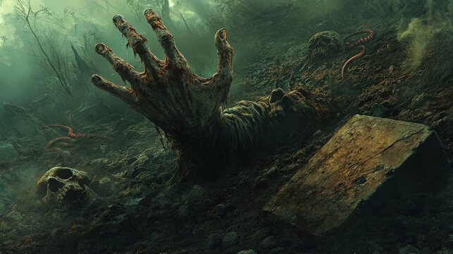 A gruesome, decaying hand emerges from a grave-like environment.