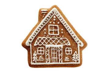 Decorative gingerbread house with icing on black background, cut out