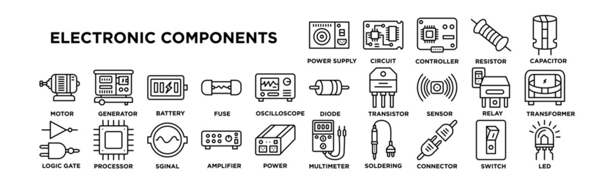 Electronic Components icon set. Editable Stroke Icon Collection. power supply, circuit board, microcontroller, resistor, capacitor