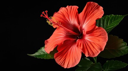 Bright Red Hibiscus Flower with Green Leaves Isolated on Black Background in High Resolution Close-Up Nature Photography
