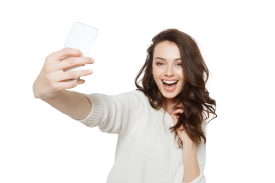 Cheerful young caucasian female taking a selfie in casual attire, cut out