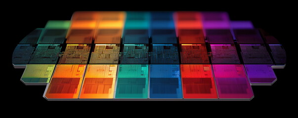 Rainbow reflection of a Semiconductor or electronics processor wafer circuit pattern surface background. Abstract microprocessor. hi-tech processing industry concept background. Generative AI.