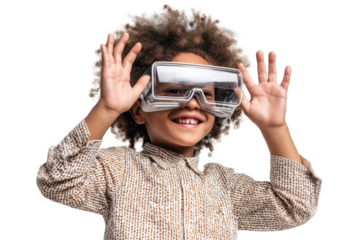Cheerful african child wearing safety glasses while smiling, cut out