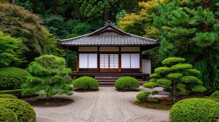 Traditional Japanese Zen Garden with Tiny Pavilion Surrounded by Mature Evergreen Trees and Manicured Shrubs in a Serene Natural Setting