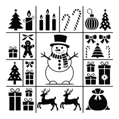 Christmas Icons Set Snowman Candles Gifts Reindeer