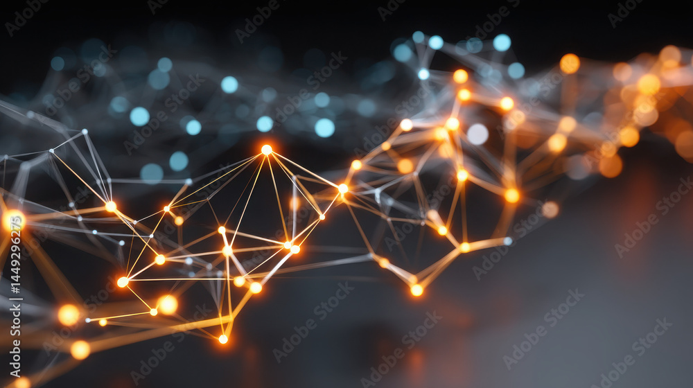 Poster abstract network of glowing nodes and connecting lines represents data, technology, and digital conn