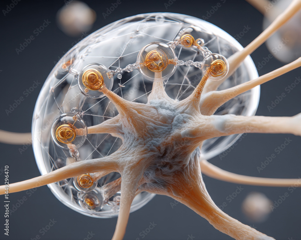 Poster a highly detailed, futuristic illustration of a neuron with visible synapses and intricate network c