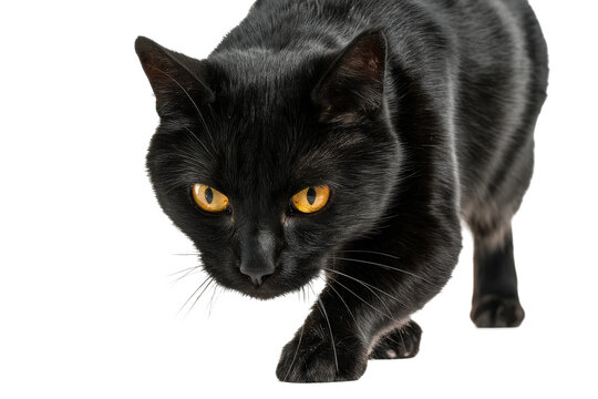 Close-up of a black cat with striking yellow eyes in stealthy pose, cut out