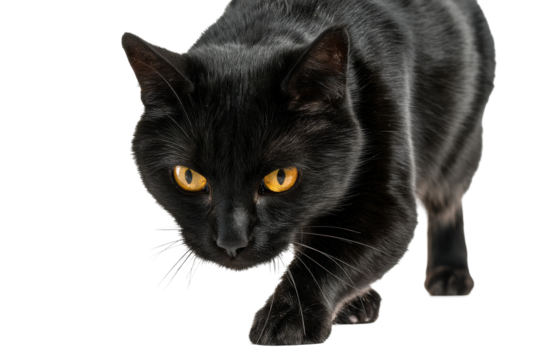 Close-up of a black cat with striking yellow eyes in stealthy pose, cut out