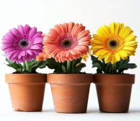 Fototapeta premium Colorful gerbera daisies in small terracotta pots arranged in a row on a plain background