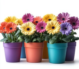 Fototapeta premium Brightly colored gerbera daisies in pots arranged decoratively indoors during springtime