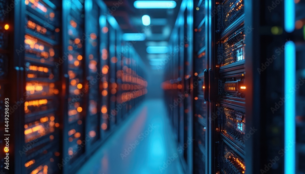 Poster data center with server racks, communication equipment, electric network. modern data storage techno