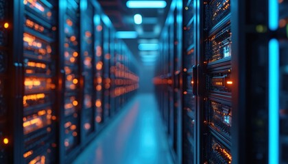 Data center with server racks, communication equipment, electric network. Modern data storage technology. Cyber security, big data processing, cloud computing, internet. High-tech, innovation, future.