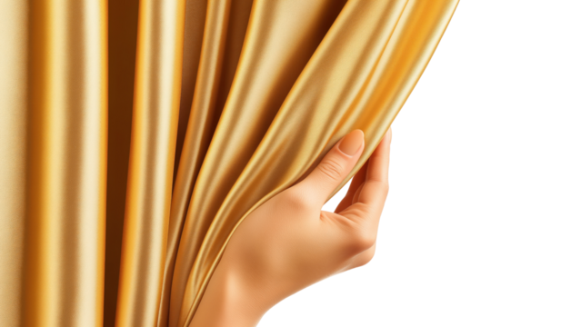 Hand pulling aside a gold curtain isolated on a transparent background