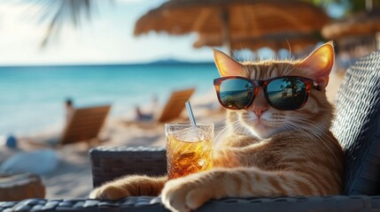 Cat enjoying a drink on beach