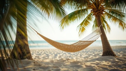 Tranquil Hammock Under Palm Trees on Beach