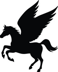 Fototapeta premium A black Pegasus silhouette rears dramatically with powerful wings against a stark white background in form