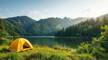 Tranquil Lakeside Retreat: Yellow Tent in Lush Forest