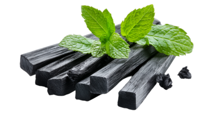 Black Charcoal Sticks and Fresh Mint Leaves on Transparent Background, PNG
