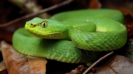 Fototapeta premium Green Pit Viper Coiled on Forest Floor