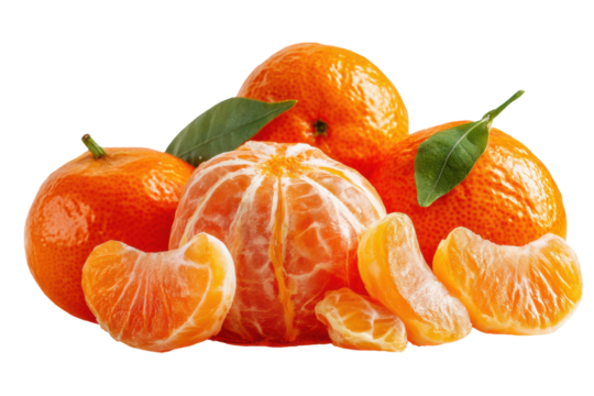 Fresh tangerines with leaves and peeled segments on black background, cut out